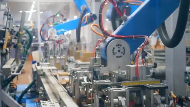 Verpakking van kartonnen dozen aangehouden door een industriële machine. Apparatuur voor voedselfabrieken. — Stockvideo