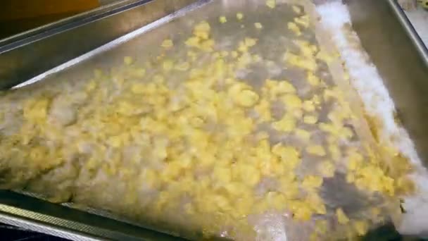 Top zicht op aardappelchips die in olie bewegen — Stockvideo