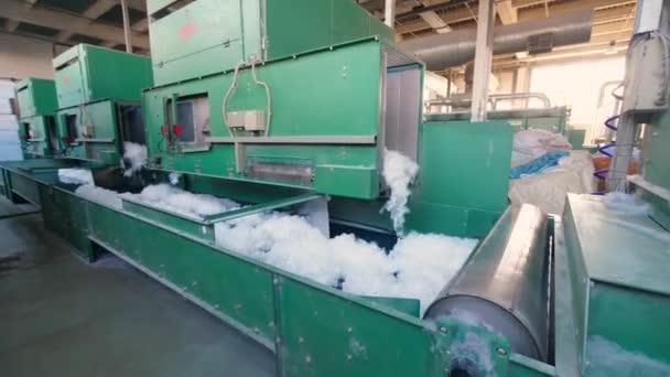 Un sacco di cotone idrofilo si sta muovendo sotto la pressa di laminazione — Video Stock