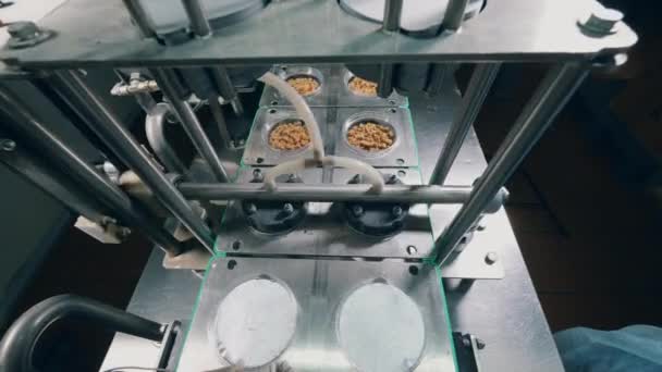 Industriella mekanismen är att sätta folie på tallrikar med brödsmulor — Stockvideo