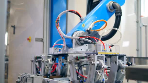 Modern Robotic industrieel mechanisme zet kartonnen platen op de transportband — Stockvideo