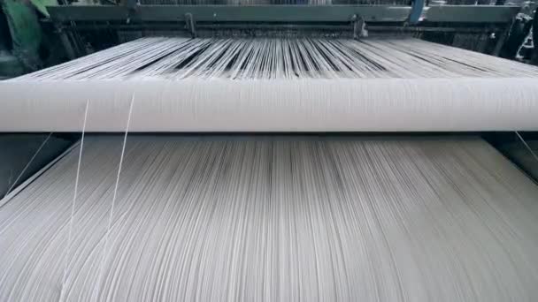 La tela está siendo cosida de hilos blancos. Línea de producción de textiles — Vídeos de Stock