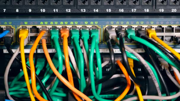 Ordenador del centro de datos con muchos cables conectados . — Vídeos de Stock