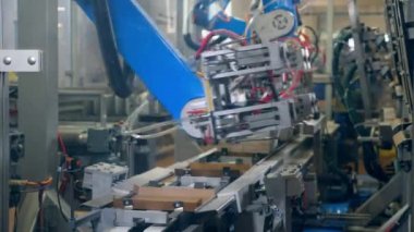Otomatik makineler bir fabrika konveyörü üzerinde karton kutular yapmak.