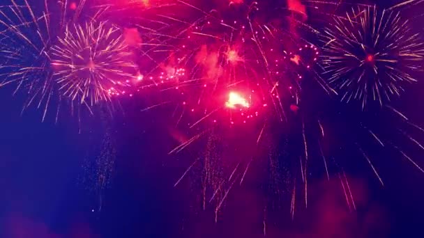 O céu escuro está sendo iluminado com explosões de fogos de artifício — Vídeo de Stock