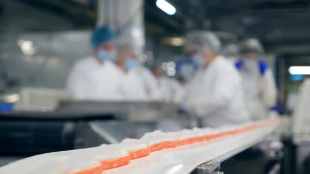 Tanınmayan işçiler yiyecek topluyor. Aperatiflerin paketlenmiş porsiyonları ışınlayıcı boyunca hareket ediyor — Stok video