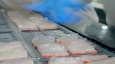 Gıda çubukları fabrika işçileri tarafından plastik plakalara elle paketleniyor..