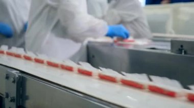 Bir konveyör üzerinde paketler halinde paketlenmiş gıda