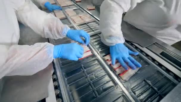 Fabrikarbeiter in der Nähe von Förderbändern verlagern Teile von Krabbenstäbchen, Konzept der Lebensmittelfabrik. — Stockvideo