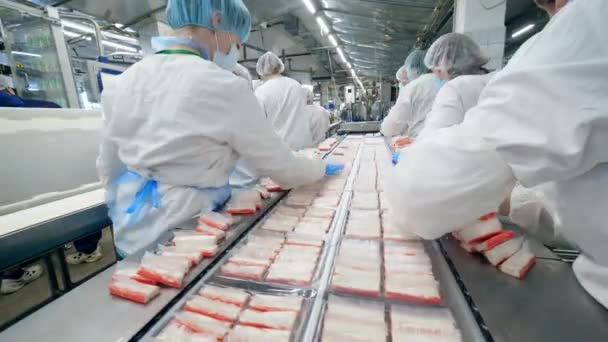 Hole s občerstvením jsou v továrnách — Stock video