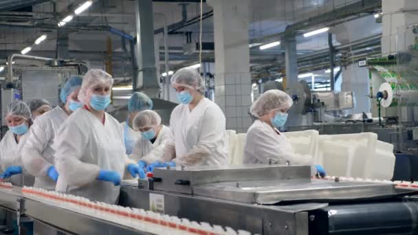 Equipo de fábrica de alimentos con mujeres reubicando alimentos envasados . — Vídeos de Stock