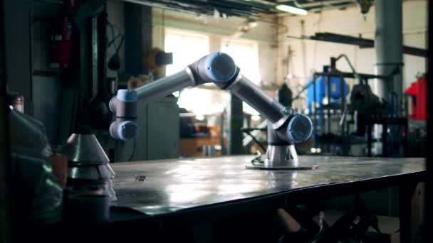 Werkende arm beweegt op een tafel in een planten kamer. — Stockvideo