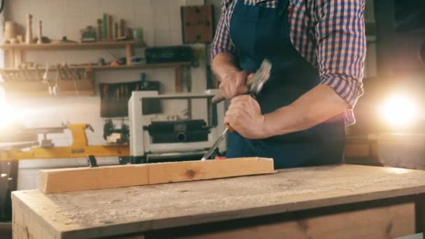 Timmerman, ambachtsman werken. Eén persoon werkt met hout en vormmaakt het met gereedschap. — Stockvideo