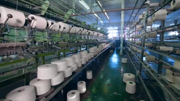 Garment plant with white threads forming fabric mechanically. Textile factory equipment. — Stock Video