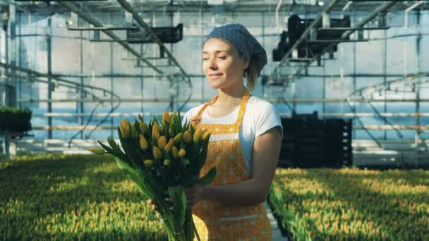 Jardineiro feminino segura um buquê com tulipas e sorri para uma câmera . — Vídeo de Stock