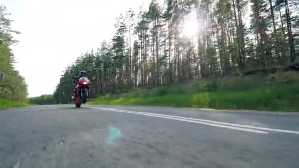 Motorcykel föraren gör ett stunt medan du flyttar. Biker rida ner landsväg. — Stockvideo