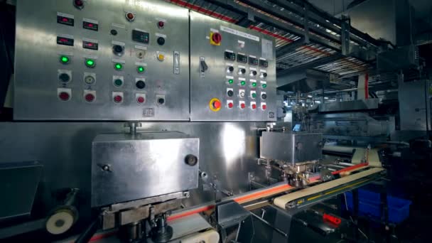 Voedsel fabriek machine met knoppen in het werk. — Stockvideo