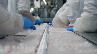 Fabrika işçileri bir satırda plastik konteynerler içine ürünler koydu.