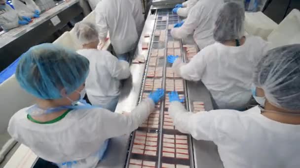 Women work at a food plant, packing food into containers. — Stock Video