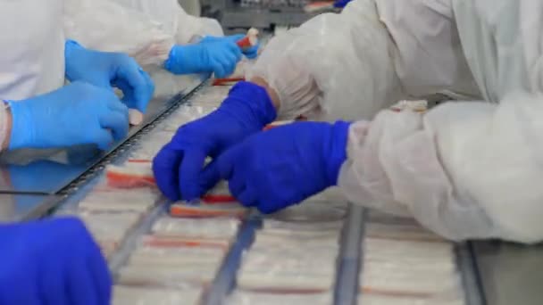 Mensen in handschoenen die met voedsel werken op een fabrieks transportband. — Stockvideo