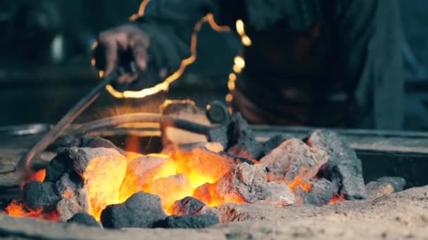 Hivatásos Kovács ellenőrzi a szén a tüzet, miközben dolgozik kovácsolni. — Stock videók