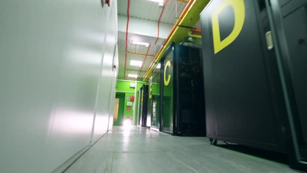Main corridor of the server room with green walls. Servers in data center. — Stock Video