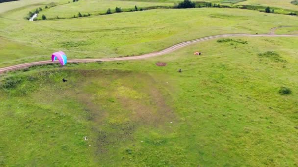 パラグライダーが彼らに向けて飛んでいる緑の草原 — ストック動画