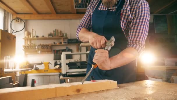 Ο ξυλουργός επεξεργάζεται ξύλο με μια σμίλη και ένα σφυρί σε αργή κίνηση — Αρχείο Βίντεο