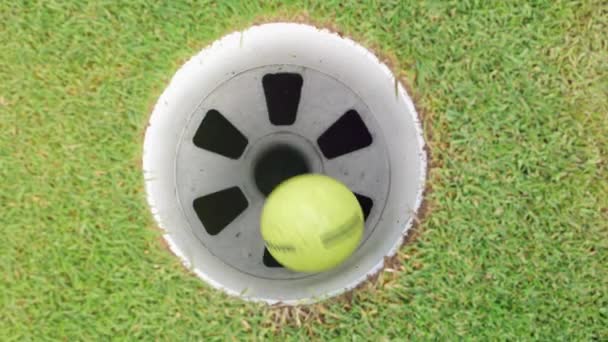 Piłka golfowa dostaje się do otworu na polu. — Wideo stockowe