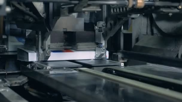 Typografische Maschine presst Bücher auf ein Förderband. — Stockvideo