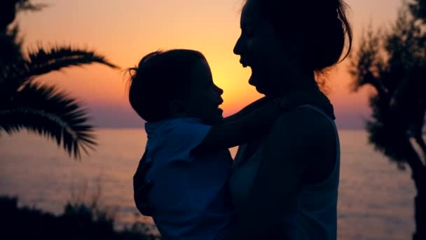 A paisagem do pôr-do-sol e uma mulher a brincar com o filho. Mãe e filho . — Vídeo de Stock