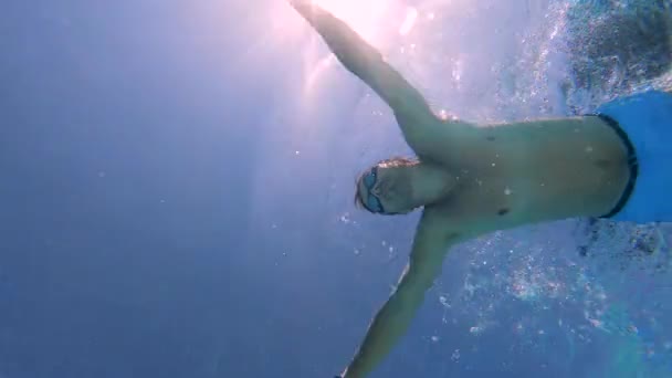Víz alatti kilátás a férfi úszás mellúszás — Stock videók