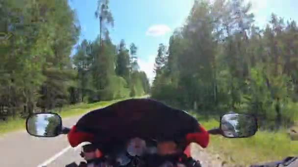 Osoba jeździ na motocyklu szybko, idąc w pobliżu drzew. — Wideo stockowe