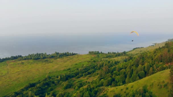 Bosque verde y agua con un parapente a la deriva sobre ellos — Vídeo de stock