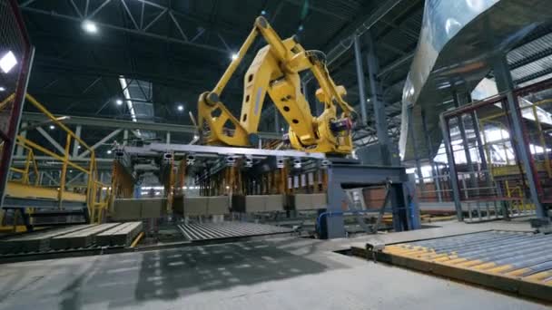 Transportation unit and a loading machine relocating bricks. Robotic Arm production line. — Stock Video