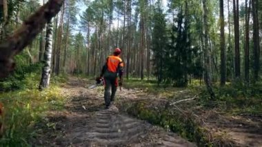 Elektrikli testereli erkek işçi ormanda yürüyor.