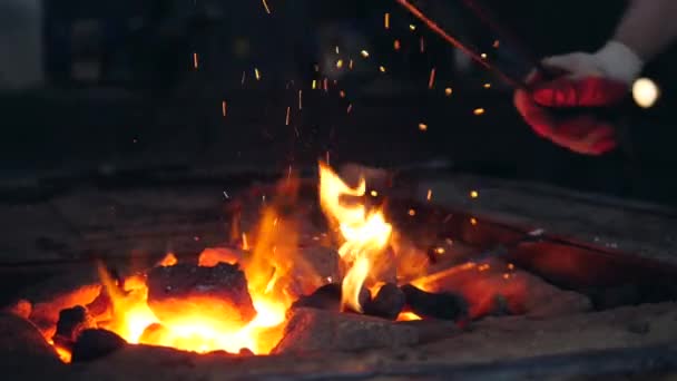 Pálení uhlí se ztloukli pomocí kleští — Stock video