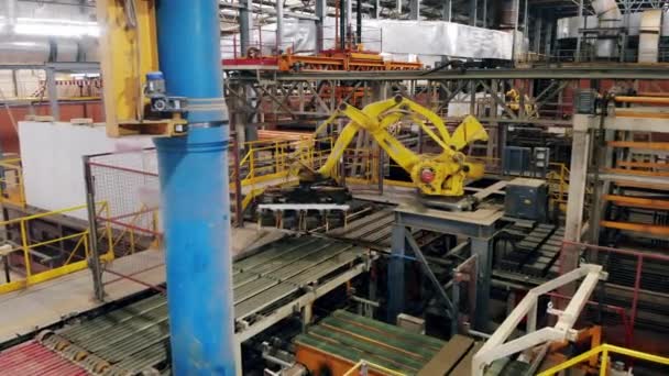 Moving robotic arm puts products on a factory line. — Stock Video