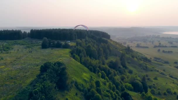 Зелена місцевість і параплани, що летять над нею — стокове відео