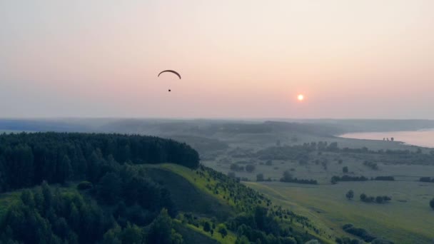 Terreno forestale con il parapendio che vola sopra di esso — Video Stock