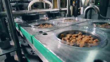 Tabaklarda ekmek atıştırmalıkları folyo parçaları ile kapatılıyor. Gıda fabrikasında paketleme işlemi.