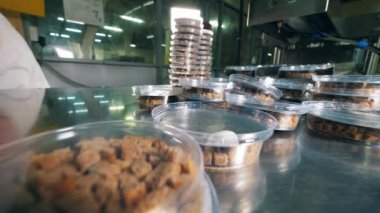 Fabrika işçisi ekmek aperatifler ile plastik kaplar istifleme