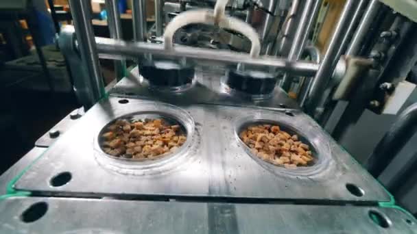 Η μηχανή εργοστασίου καλύπτει ψίχουλα ψωμιού με αλουμινόχαρτο. Διαδικασία συσκευασίας στο εργοστάσιο. — Αρχείο Βίντεο