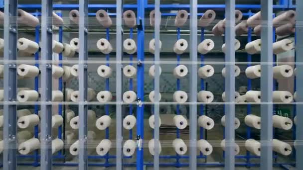 Perchero grande con pinzas, colocado en filas en una fábrica textil. Concepto de industria textil . — Vídeos de Stock