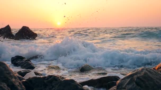 海岸の岩に飛び散る海の波、スローモーション. — ストック動画