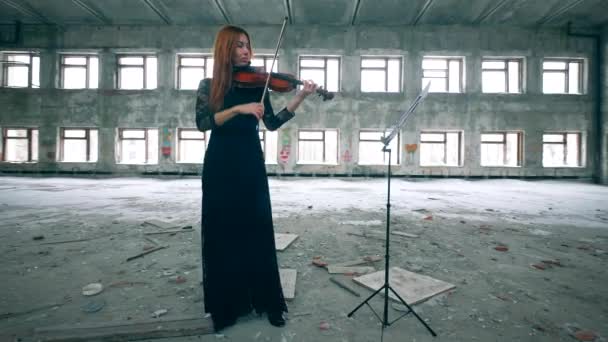 Hermosa mujer está pagando el violín de partituras — Vídeos de Stock