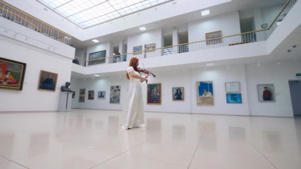 Une dame joue habilement du violon dans la galerie — Video