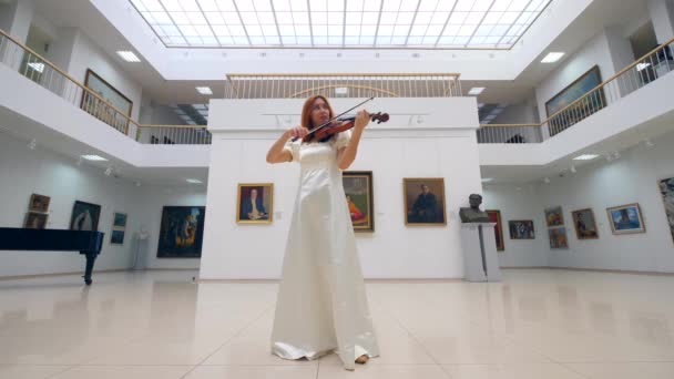 Галерея зал з дамою вміло грає на скрипці — стокове відео