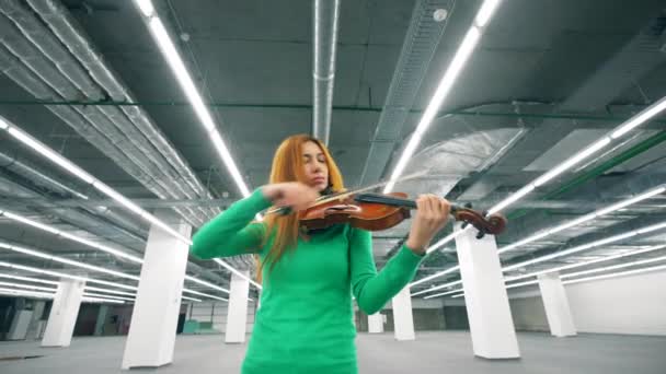 La mujer enfocada toca el violín en la sala. — Vídeos de Stock