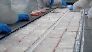 Fabrika işçileri hareket eden bir konveyörden yiyecek alıp paketlediler..